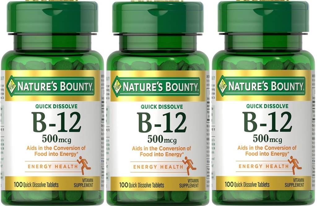 Naturens Bounty B- 12 Quick Opløs tabletter 500 Mcg, 300 tabletter (3 x 100 Count Flasker)
