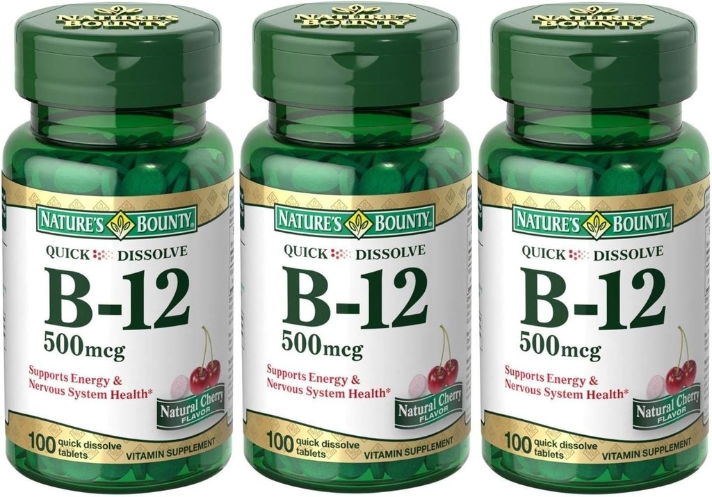 Naturens Bounty B- 12 Quick Opløs tabletter 500 Mcg, 300 tabletter (3 x 100 Count Flasker)