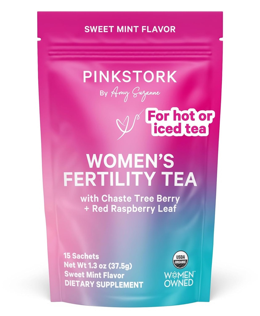 Pink Stork Organic Fertility Tea for Women against 124; Fertility Supplements for Women with Chaste Tree Berry (Vitex) + Red Raspberry Leaf 124; Hormone Balance Herbal Tea for Conception Support; USDA Organic, Koffein Free - Sweet Mint, 15 Sachets