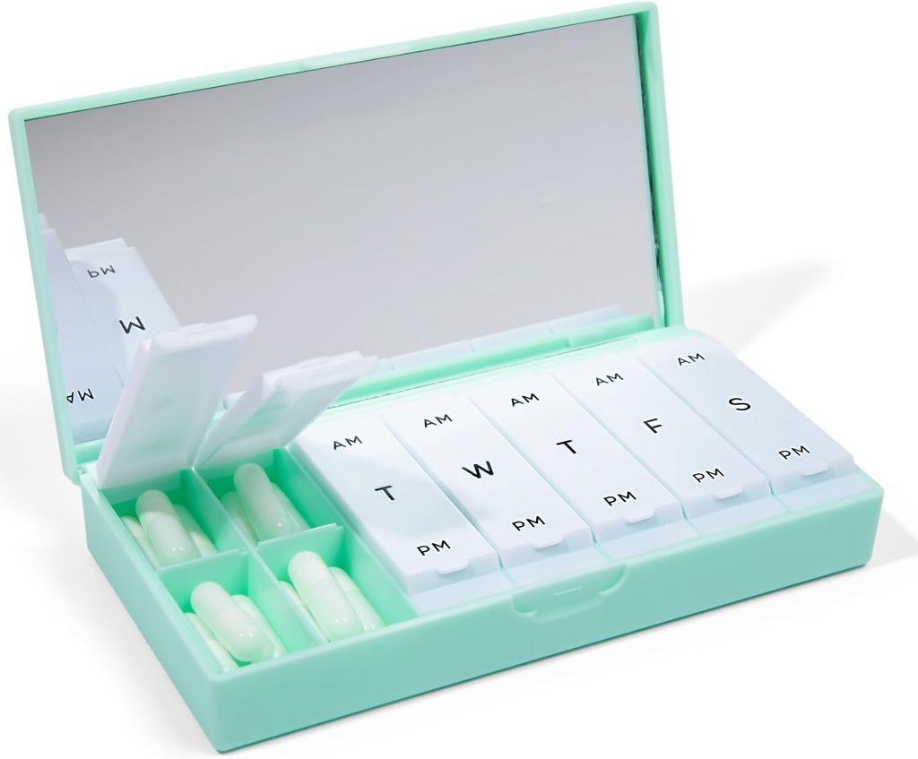 PORT X POLISH Designer Weekly Pill Box Organizer (AM / PM 2X Daily, Mint) Note 124; Compact, Stilfuld 7-Day Vitamin Supplement sag # 124; Cute Portable Mini Travel Medicine Carrier # 124; BPA- Gratis Pillbox Caddy