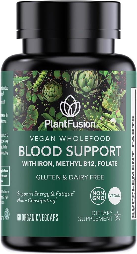 PlantFusion Vegan Iron Supplement for Women & Men - Gentle Plant-Based Iron with Vitamin C, Methyl B12, Folate - Non-Constipating, Wholefood Iron Pills for Energy, Anemia & Blood Support, 60 Capsules