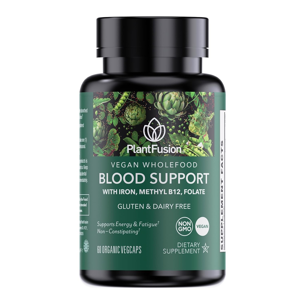 PlantFusion Vegansk jerntilskud til kvinder & mænd - Gentle Plant- baseret jern med C-vitamin, Methyl B12, Folate - Non- Constipating, Wholefood Iron Pills for Energy, Anæmi & Blood Support, 60 kapsler