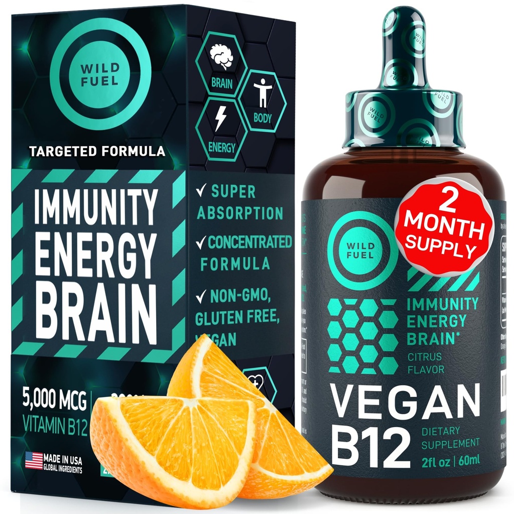 Vegansk vitamin B12 Flydende dråber - Fast- Actioning B12 Sublingual 5000 mcg Methylcobalamin Supplement - Energi, Hukommelse og Mood Support - Højpotens One- Dropper Per dag - Natural Citrus Flavor - 2oz