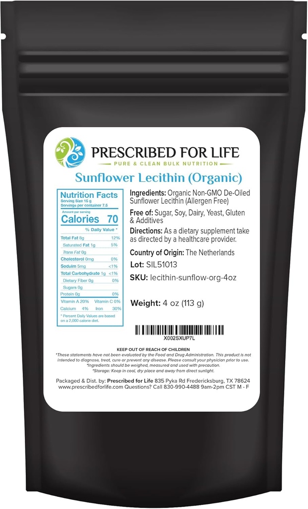 Præskrevet for Life Organic Sunflower Lecithin Powder, Natural, Gluten Free, Vegan, Non GMO, Soy Free, Kosher, Lecithin Supplement Rich in Cholin & Essential Fede Acid (4oz / 113g)