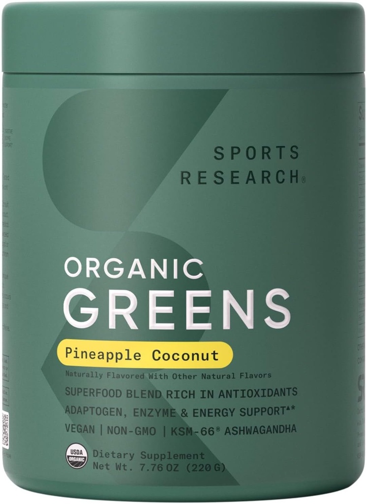 Sport Research ® Organic Pineapple Coconut Greens - fordøjelsessundhed, Natural Energy & Mood Support * - Certificeret økologisk pulver - 20 Servere