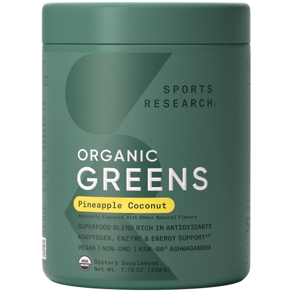 Sport Research ® Organic Pineapple Coconut Greens - fordøjelsessundhed, Natural Energy & Mood Support * - Certificeret økologisk pulver - 20 Servere
