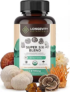 Organic Super Six Mushroom Blend Kapsler Supplement (90) - 124; Fruiting Body Extract Complex 124; Lions Mane, Tyrkiet Tail, Cordyceps, Reishi, Chaga & Tremella - 124; 35% Beta- D Glucans 124; Samlet wellness support