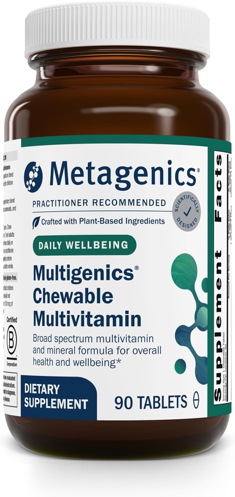 Metagenics Multigenics Chewable Multivitamin - Daglig Vitamin & Mineral Support til børn og voksne - Orange Flavor, Non- GMO, Gluten- Free, Chewable Tablets - GMP Certified Facility - 90 Servering