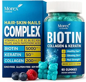 Biotin Collagen Keratin Gummies - Multivitamin Natural for Hår, Hud & Nails med vitamin A, D, B7 - Anti Aging Collagen Gummy Vitaminer til mænd og kvinder, Hår & Nail vækst supplement - 60 Gummy Bears