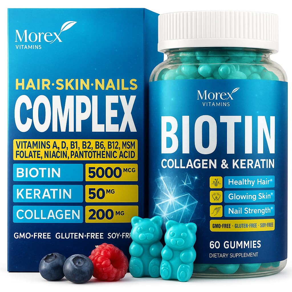 Biotin Collagen Keratin Gummies - Multivitamin Natural for Hår, Hud & Nails med vitamin A, D, B7 - Anti Aging Collagen Gummy Vitaminer til mænd og kvinder, Hår & Nail vækst supplement - 60 Gummy Bears