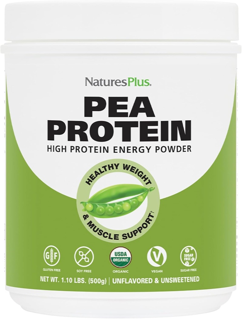 Natures Plus Organic Pea Protein - 1.1 lbs, Vegan Drink Powder - High Energy Protein Powder, Hunger Suppressant, Muscle Builder, Promoes Heart Health - non-GMO, Vegetar, Gluten- Gratis - 25 Servere