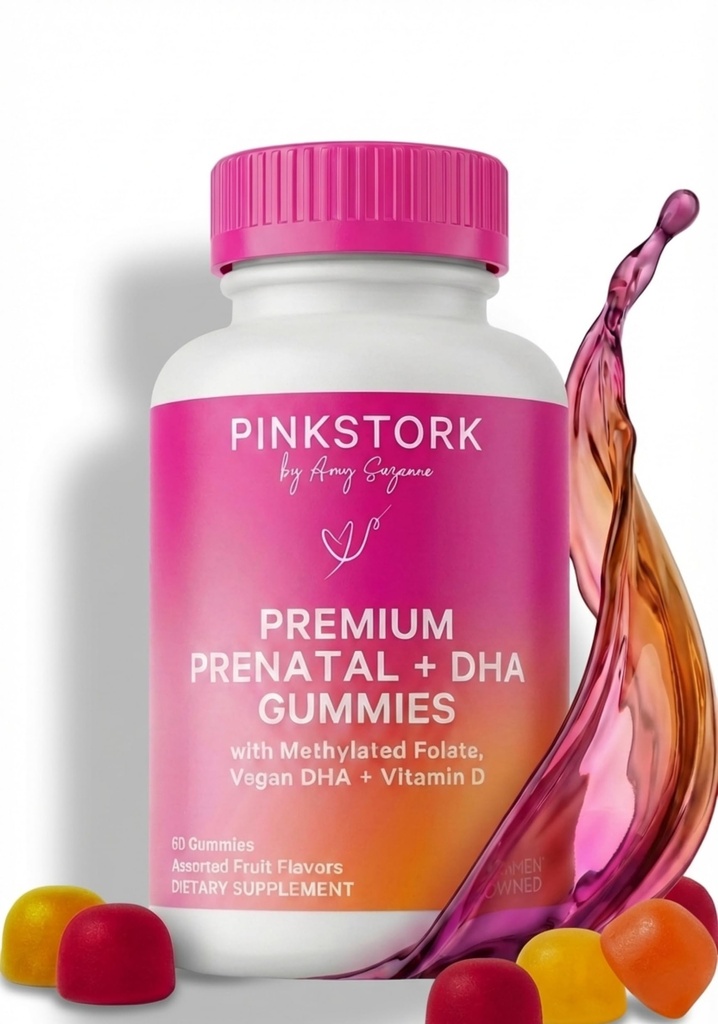 Pink Stork Premium Prenatal Gummy Vitaminer med DHA, Folate, og D-vitamin - Multivitamin og næringsstof Blend til Neurale Tube og Føtal Brain Development - Graviditet skal Haves - 60 Vegansk Gummies