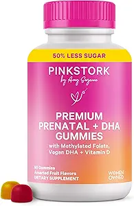 Pink Stork Premium Prenatal Gummy Vitaminer med DHA, Folate, og D-vitamin - Multivitamin og næringsstof Blend til Neurale Tube og Føtal Brain Development - Graviditet skal Haves - 60 Vegansk Gummies