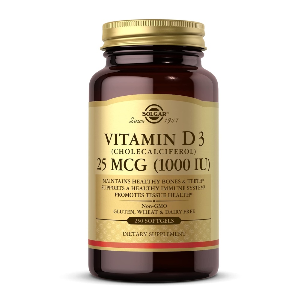 Solgar Vitamin D3 (Cholecalciferol) 25 MCG (1000 IE), 250 Softgels - Hjælper bevare sunde knogler & tænder - immunsystemet support - ikke-GMO, Gluten fri, Dairy Free - 250 Servere