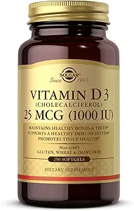 Solgar Vitamin D3 (Cholecalciferol) 25 MCG (1000 IE), 250 Softgels - Hjælper bevare sunde knogler & tænder - immunsystemet support - ikke-GMO, Gluten fri, Dairy Free - 250 Servere