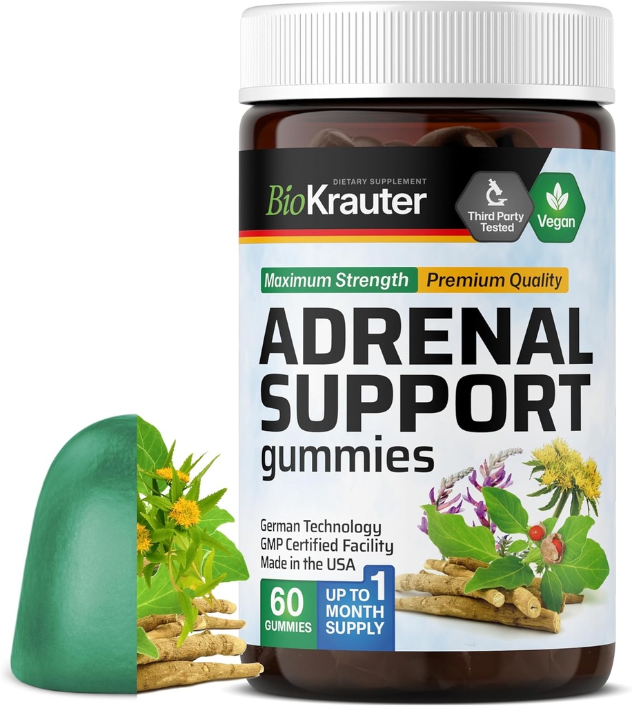 BIO KRAUTER Adrenal Support Gummies - 60 tygger - Rhodiola & Ashwagandha Gummies med Vitamin C, B6, B12 - Vegansk Mood Support Supplement