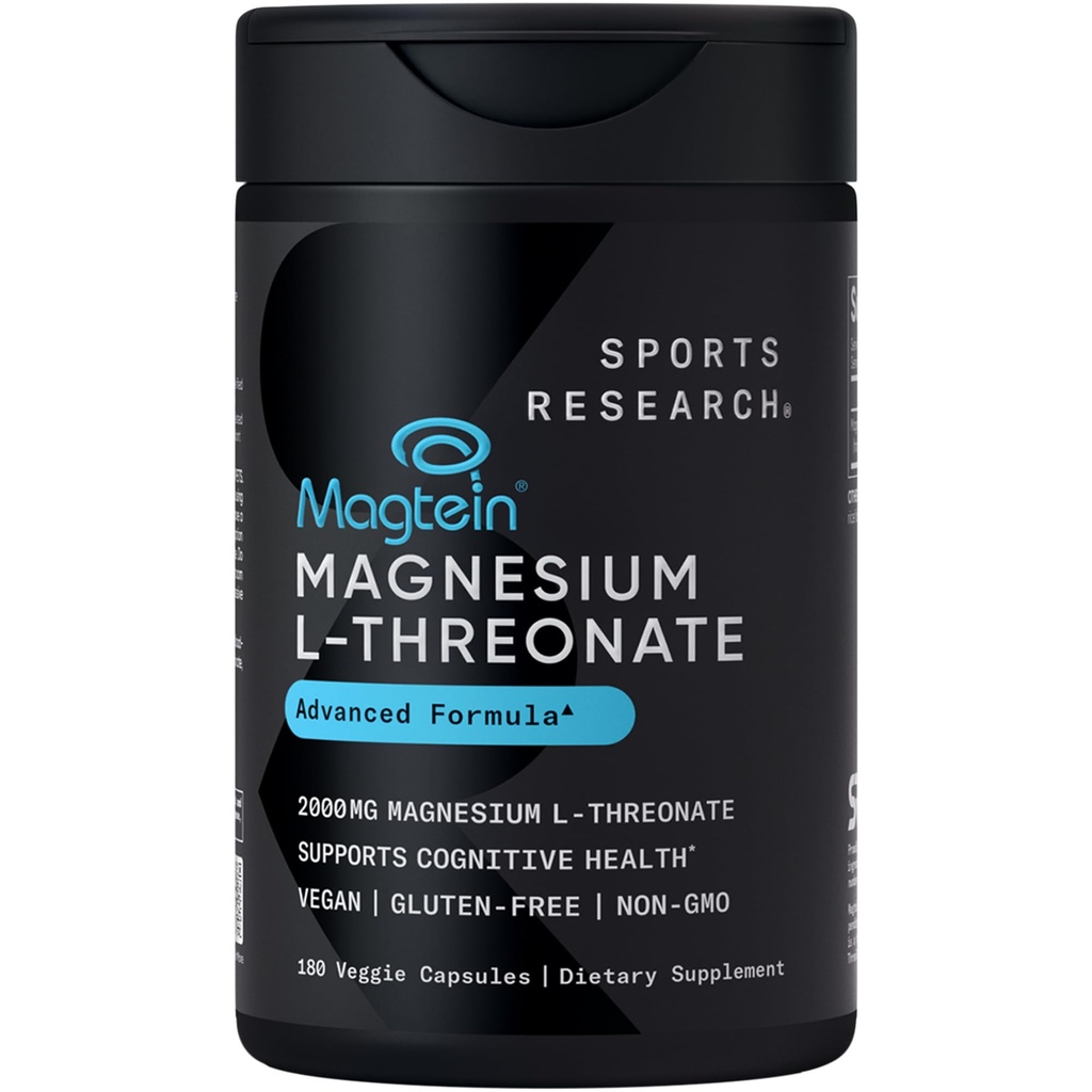 Sports Research Magtein Magnesium L- Threonate Capsules - Magnesium supplement til hukommelse, fokus og kognition - Magnesium L Threonate understøtter hjerne sundhed, søvn & mood- 2000mg, 180 kapsler til voksne