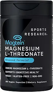 Sports Research Magtein Magnesium L- Threonate Capsules - Magnesium supplement til hukommelse, fokus og kognition - Magnesium L Threonate understøtter hjerne sundhed, søvn & mood- 2000mg, 180 kapsler til voksne