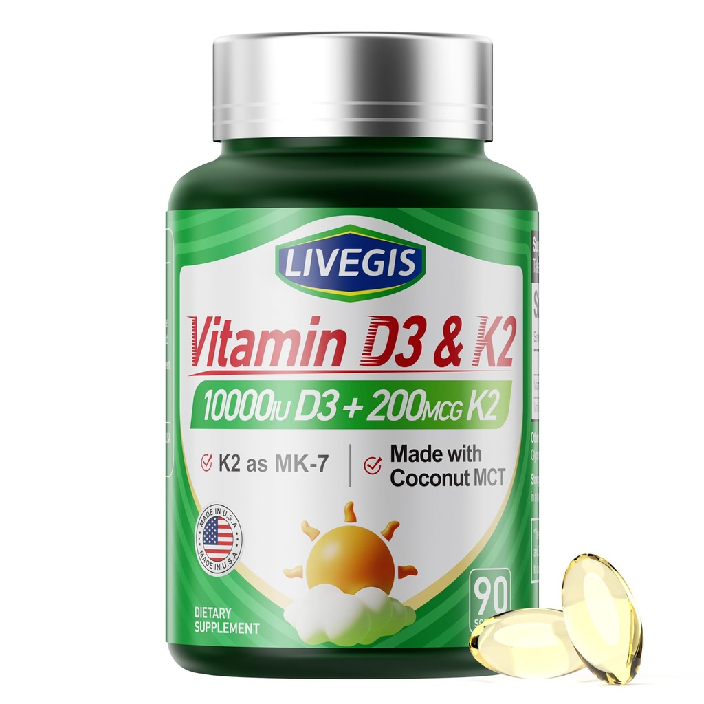 Vitamin D3 K2 Softgels, D3 10000 IE med K2 (MK- 7) 200 mcg med kokosolie Softgels, Let at synke 2 i 1 Vitamin D & K, understøtter Calcium Absorption, Immun og hjerte sundhed - 90 Tæller