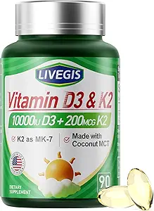 Vitamin D3 K2 Softgels, D3 10000 IE med K2 (MK- 7) 200 mcg med kokosolie Softgels, Let at synke 2 i 1 Vitamin D & K, understøtter Calcium Absorption, Immun og hjerte sundhed - 90 Tæller