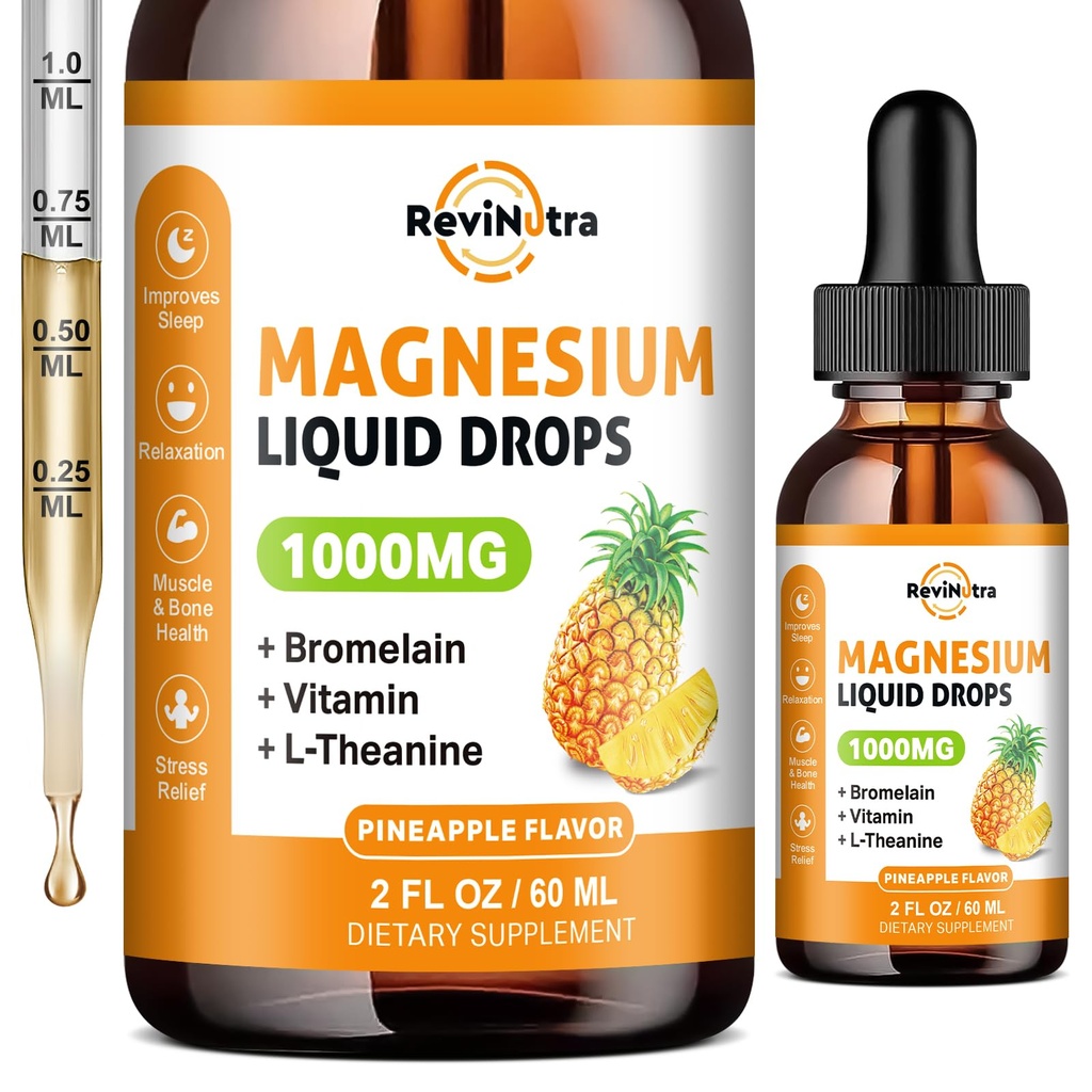 Magnesium Glycinate Liquid Drops, 1000 mg flydende Magnesium Complex supplement til søvn, nerve, energi, muskel, ben, rolig & fordøjelse, høj absorption, 2 Fl Oz, sukkerfri ananas smag