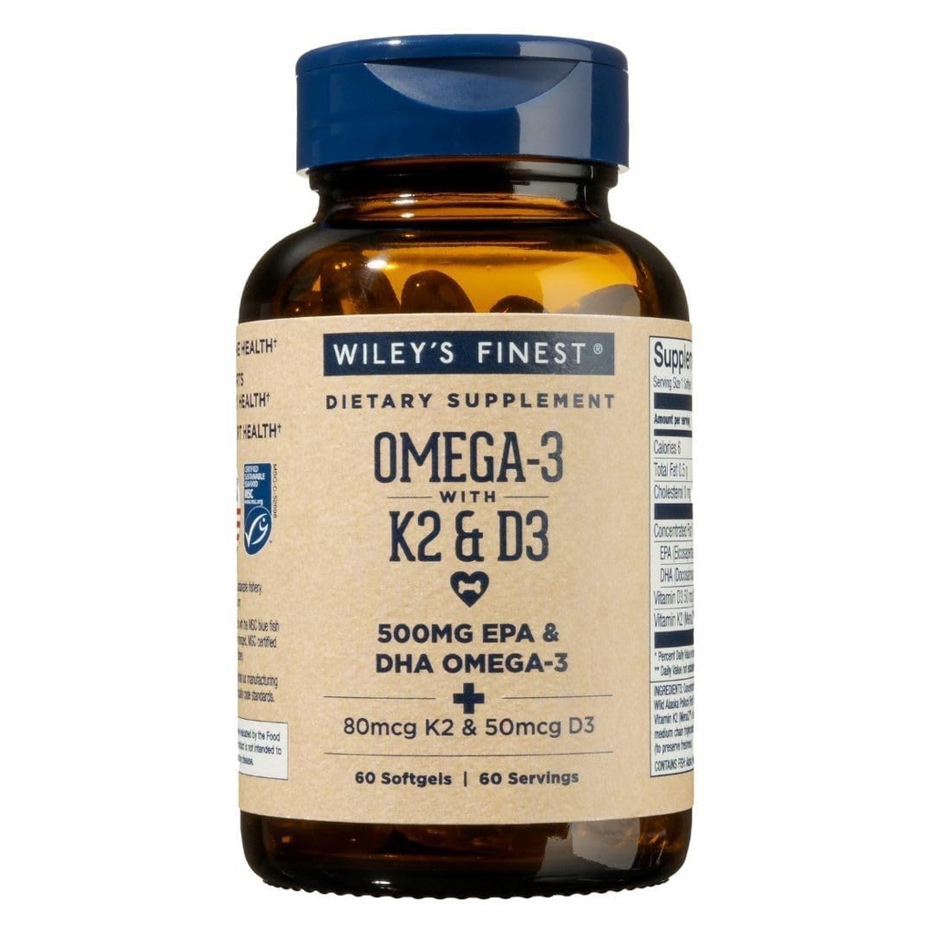 Wiley 's Finest Wild Alaska Fish Oil Vitamin K2 & D3 Softgels - 500mg af EPA og DHA Omega- 3s for ben og hjerte sundhed support - 60 Softgels (60 Servere)