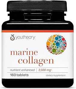 Youtory Marine Collagen - 2500 mg - Understøtter Joint, Nail, Hår, Hud, Bone & Muscle Health * - med Aminosyrer, Minerals & Vitaminer C, A, E, B6 & B12- 160 tabletter (32- Day Supply)