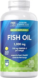 Rite Aid Fish Oil 1000mg, 365 Softgels - Natural Lemon Flavor, med EPA og DHA, understøtter hjerte, hjerne og Vision Sundhed