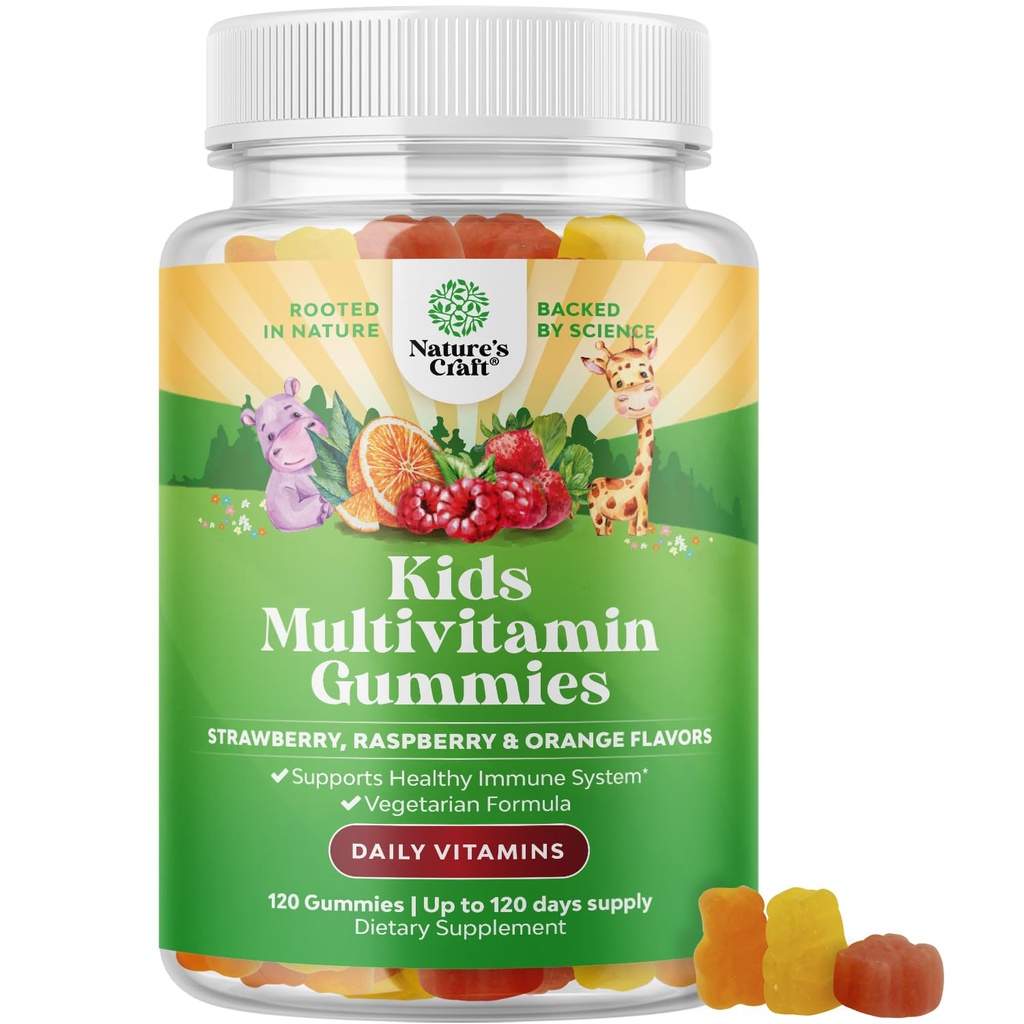 Nature Craft Plant Based Kids Multivitamin Gummies - Multivitamin til børn Immunity Support Gummies med Vitaminer A C D3 E B og Zink Gelatine og Gluten Free Non- GMO Vitaminer Gummies Formel 120ct