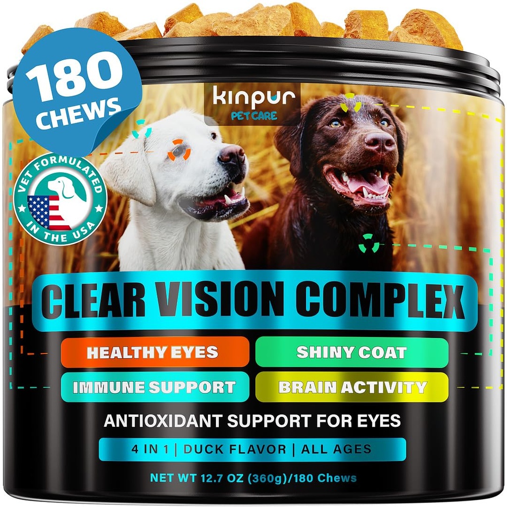 Eye Vitamin til hunde - Hund Vision Supplement til Tårer, Hund Eye Care, immunforsvar - Vitamin Remote, Gulerod, Fish Oil, Lutein - 180 bløde tygger med and flavor - for alle racer og aldre