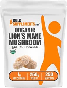 BulkSupplements.com Organic Lions Mane Mushroom Extract Powder - Lions Mane Supplement Powder, Superfood for Well- Being - Vegan, 1g per Serving, 250g (8,8 oz) (Pack of 1)