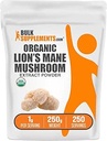 BulkSupplements.com Organic Lion's Mane Mushroom Extract Powder - Lions Mane Supplement Powder, Superfood for Well-Being - Vegan, 1g per Serving, 250g (8.8 oz) (Pack of 1)