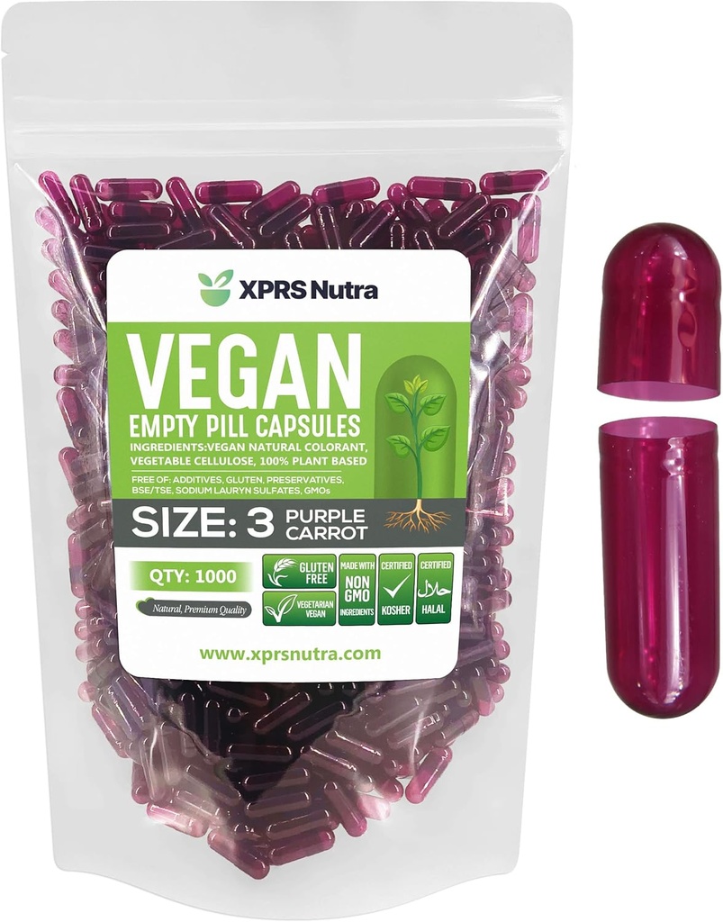 XPRS Nutra Størrelse 3 Tomme kapsler - 1000 Grev Tom Vegan - Vegetariske piller - selv vegetabilsk Capsule Fyldning - Veggie Pill Caps (lilla gulerod)