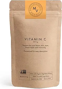 Movita Gæret C-vitamin 250 mg - Immunitet Booster, Antioxidant Protection, Aids Collagen Syntese & Iron Absorption - Organic, Vegan, Gluten- Free, Non- GMO - 30-Day Supply (Eco- Friendly Pouch)