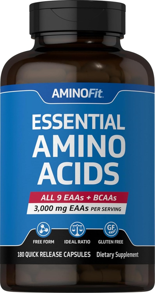 Piping Rock Essential Aminosyrer Supplement 124; 3000mg ttesmå 124; 180 Kapsler Note 124; Complex Blend for mænd og kvinder; EAA og BCAA Supplement 124; Non- GMO, Gluten Free