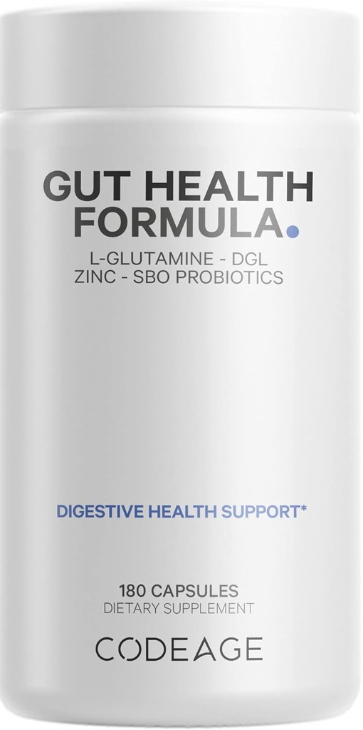 Kodeage Gut Health Kosttilskud Vegan Formel - L Glutamin, Zink, Tyrkiet Tail Mushroom Powder, Tonic Mushroom, Maitake, Micro Algaes, Mineral, Lakrids Root DGL - Probiotika, Prebiotika - 180 Kapsler