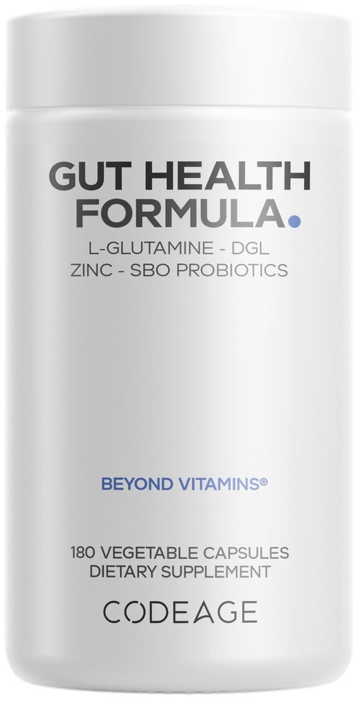 Kodeage Gut Health Kosttilskud Vegan Formel - L Glutamin, Zink, Tyrkiet Tail Mushroom Powder, Tonic Mushroom, Maitake, Micro Algaes, Mineral, Lakrids Root DGL - Probiotika, Prebiotika - 180 Kapsler