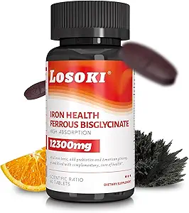 Losoki Iron Bisglycinate 20 mg med C-vitamin, B12 American Ginseng & Probiotika, Gentle on The Stomach Budding Supports Energy & Iron Dificiency - Non GMO, 60 tabletter
