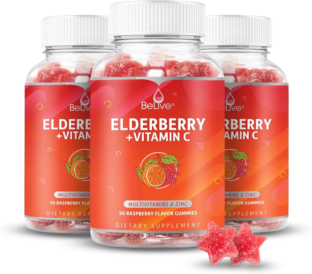 BeLive Elderberry Gummies med zink og C-vitamin - immunforsvar supplement med D-vitamin, A, E, B12 - Gummies for sunde knogler & tænder, Vegan, Keto & Non- GMO - Raspberry Flavor 124; 3-Pack