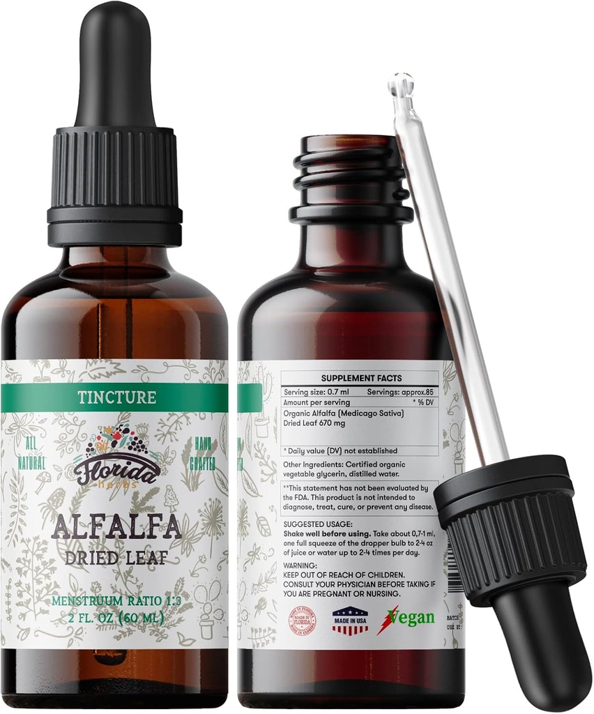 Alfalfa Tincture, Organic Alfalfa Extract (Medicago Sativa) Tørret Leaf, Antioxidant Extract for immunsupport, Non- GMO in Cold- Pressed Organic Vegetabilsk Glycerin 2 oz, 670 mg