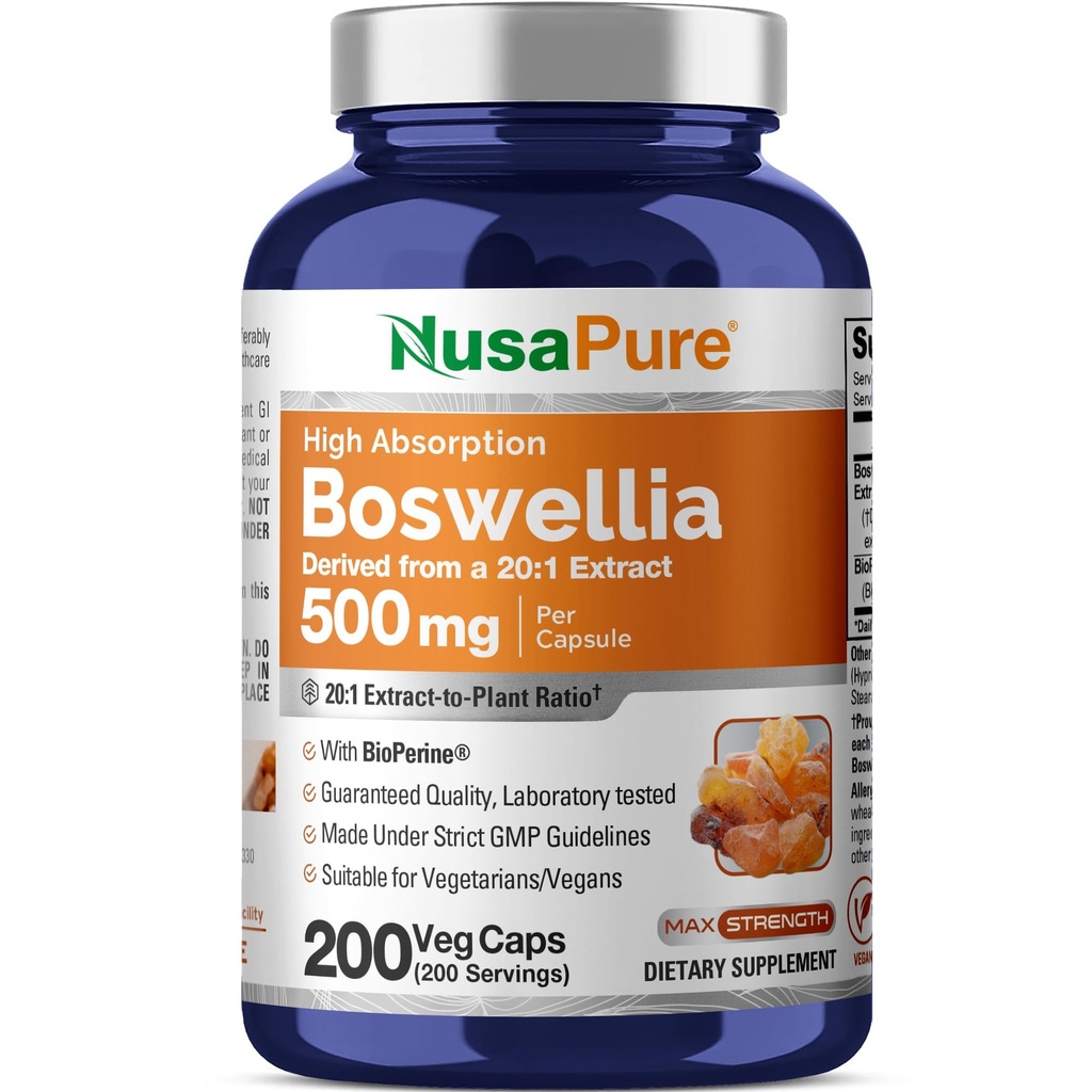 NusaPure Boswellia Serrata 10. 000 mg Per Veggie Caps 200 Count (Ext. 20: 1, Non- GMO, Vegan, Bioperine) Ayurvedic Herb: Indian Olibanum, Frankincense