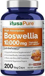 NusaPure Boswellia Serrata 10. 000 mg Per Veggie Caps 200 Count (Ext. 20: 1, Non- GMO, Vegan, Bioperine) Ayurvedic Herb: Indian Olibanum, Frankincense