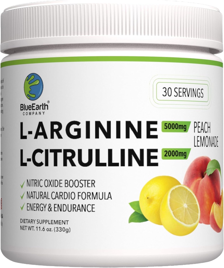 L- Arginin 5000mg + L- Citrullin 2000mg Complex Powder Supplement - Nitrooxide Booster - Heart Health, Blood Flow, Energy & Endurance - 30 Serveringer (Peach Lemonade)