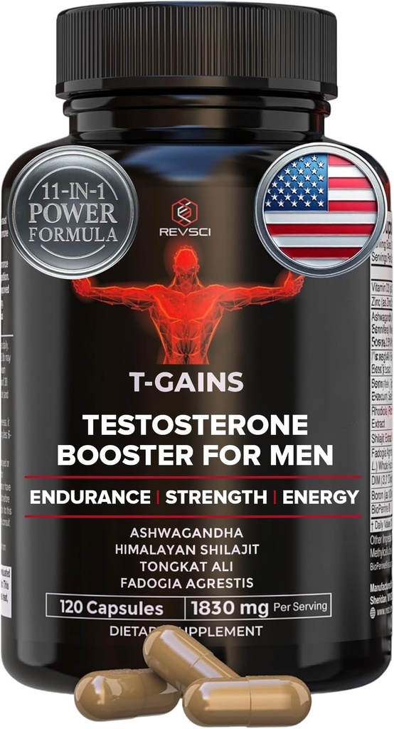 Anabolske Booster & Muscle Builder, T- GAINS Testosteron supplement til mænd, TRT Test Booster & Østrogen Blocker, HGH Kosttilskud til mænd - Tongkat Ali Fadogia Agrestis for muskelvækst, 120 Caps
