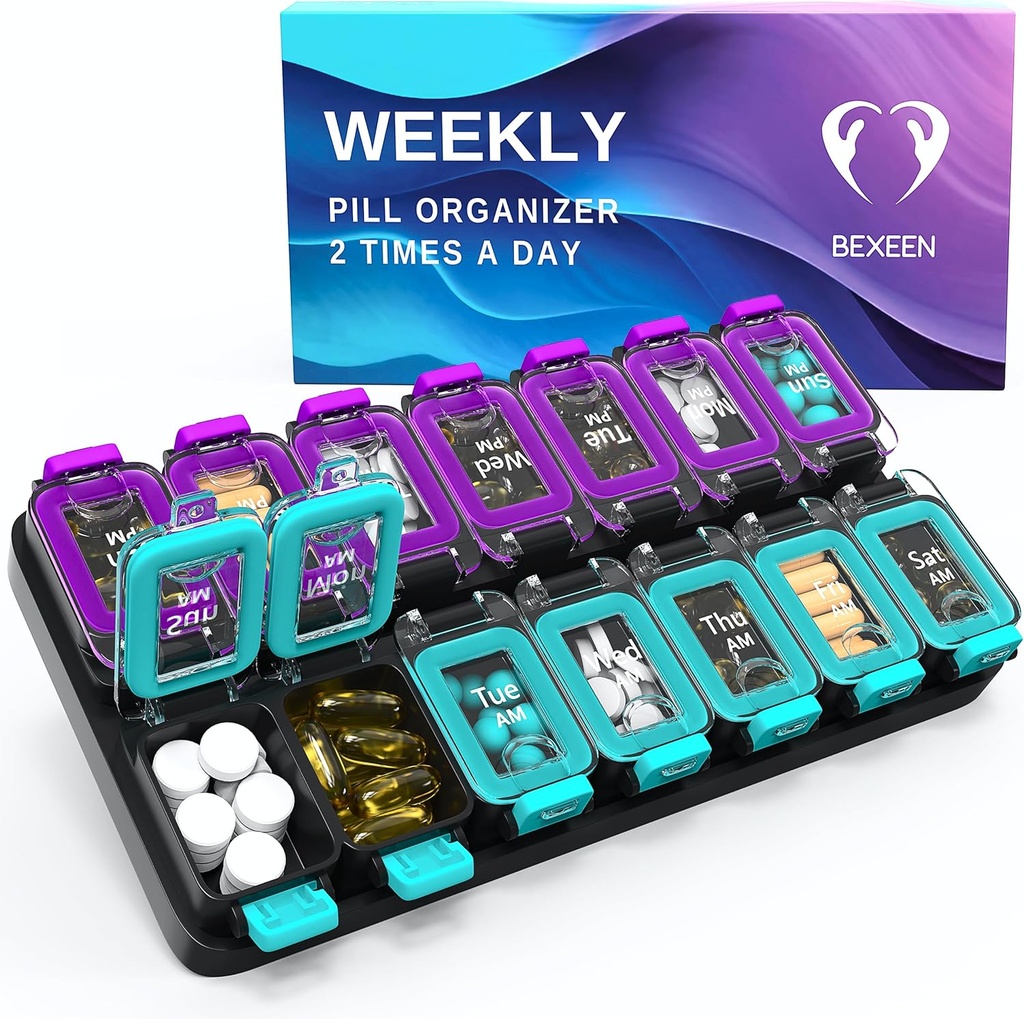 Ekstra stor ugentlig pille Organizer 2 gange en dag - lufttæt pille boks 7 dag - Am Pm Vitamin Case - Medicin Container to uger supplement Holder Daglig medicinering opbevaring to gange med XL grøn / lilla