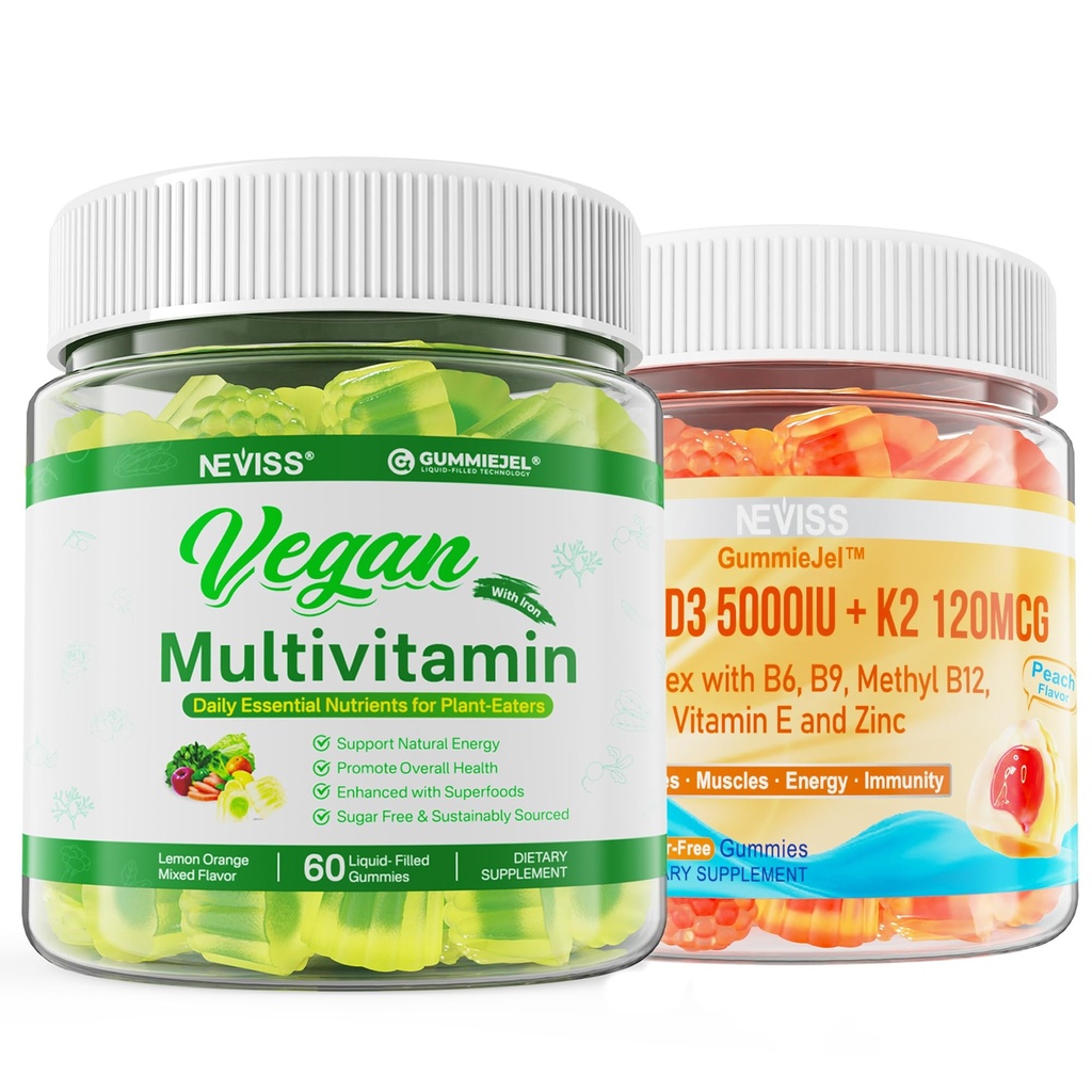 NEVISS D3 5000IE + K2 (MK- 7) 120mcg med Vegan Multivitamin til kvinder Mænd med jern, vitamin B12, A, D3, K2, Alger Omega 3, Magnesium, zink