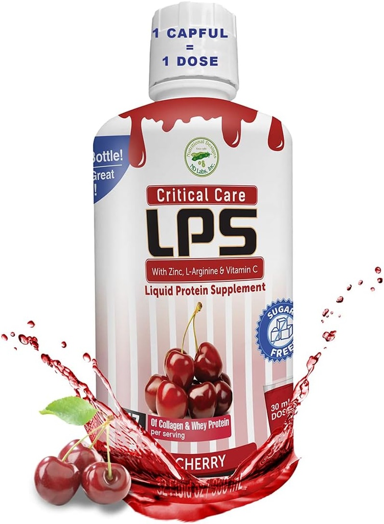 Ernæringsmæssige designs LPS Flydende kollagen & Whey Protein Supplement - Ikke-GMO drik, sukkerfri - fremmer sund hud & hår til mænd og kvinder, Cherry (kritisk pleje)