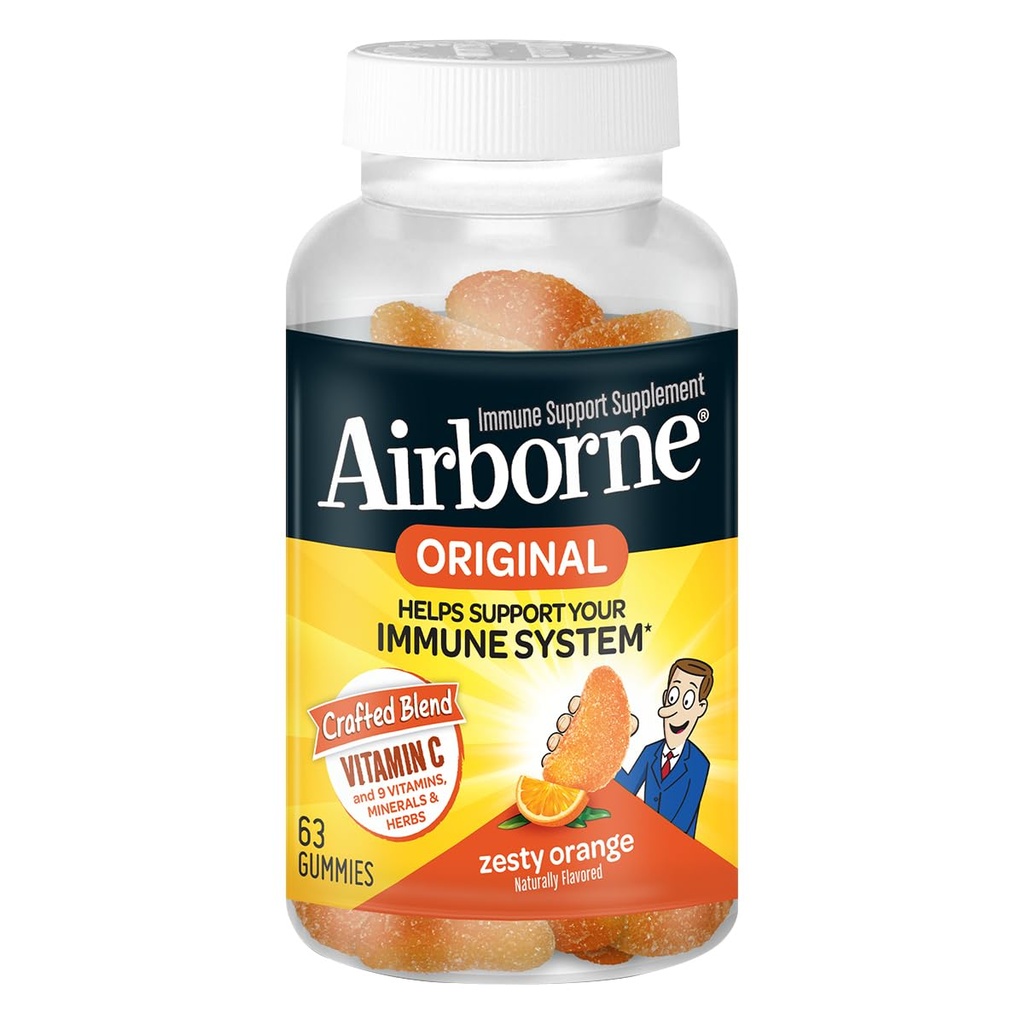 Airborne C-vitamin 750mg (per servering) Zesess Orange Flavored Gummies (63 Tæl i en flaske), Glutenfri immunforsvar supplement med vitaminer A C E, Selen, Echinacea & Ingefær
