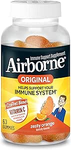 Airborne C-vitamin 750mg (per servering) Zesess Orange Flavored Gummies (63 Tæl i en flaske), Glutenfri immunforsvar supplement med vitaminer A C E, Selen, Echinacea & Ingefær