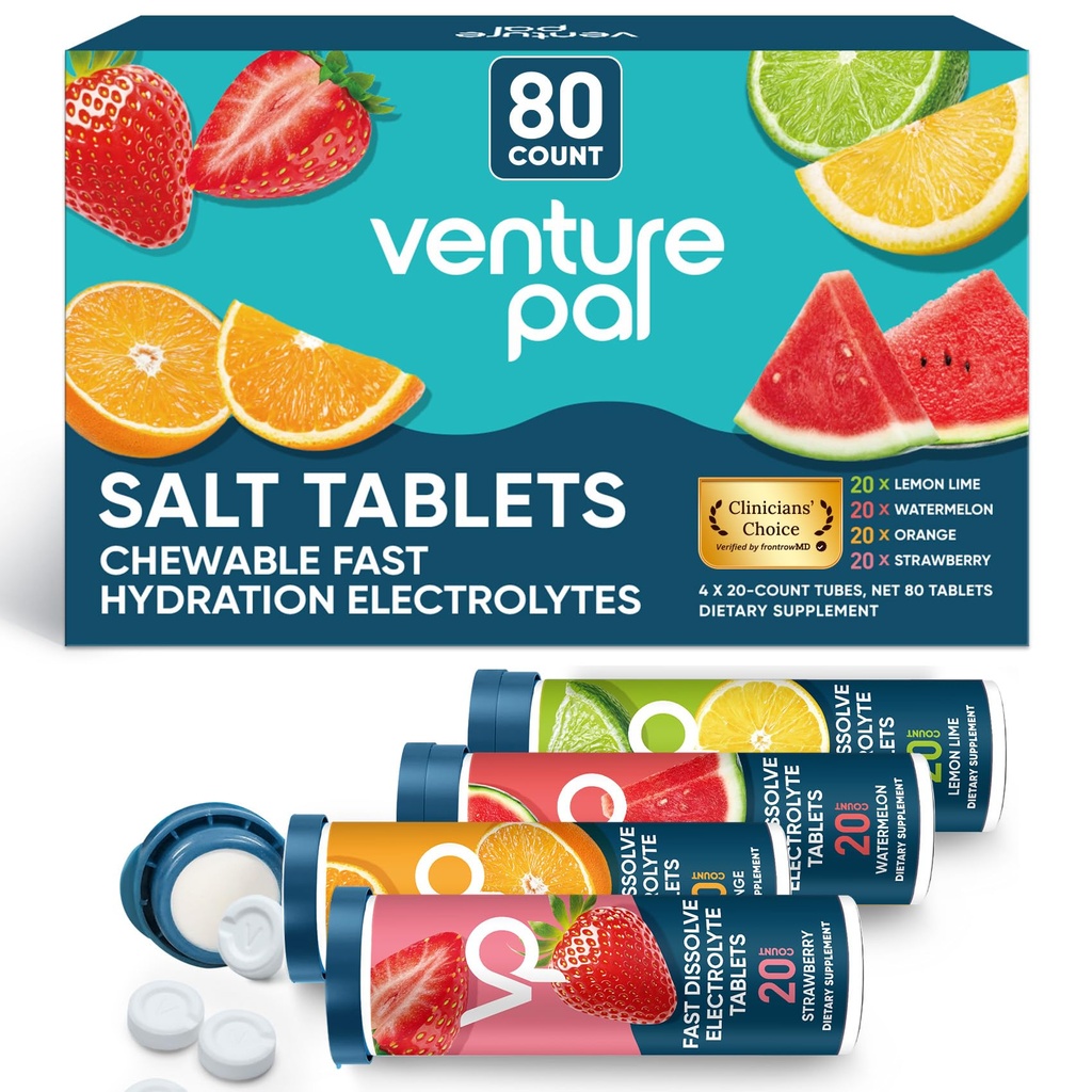 Venture Pal Chewable Electrolyte Tablets, 80 Grev Fast- Opløs sukkerfri stick salt tablets - Variety Pack til hurtig hydrering, Udendørs løb, vandreture, Sports Buddy 124; Keto & Vegan Friendly